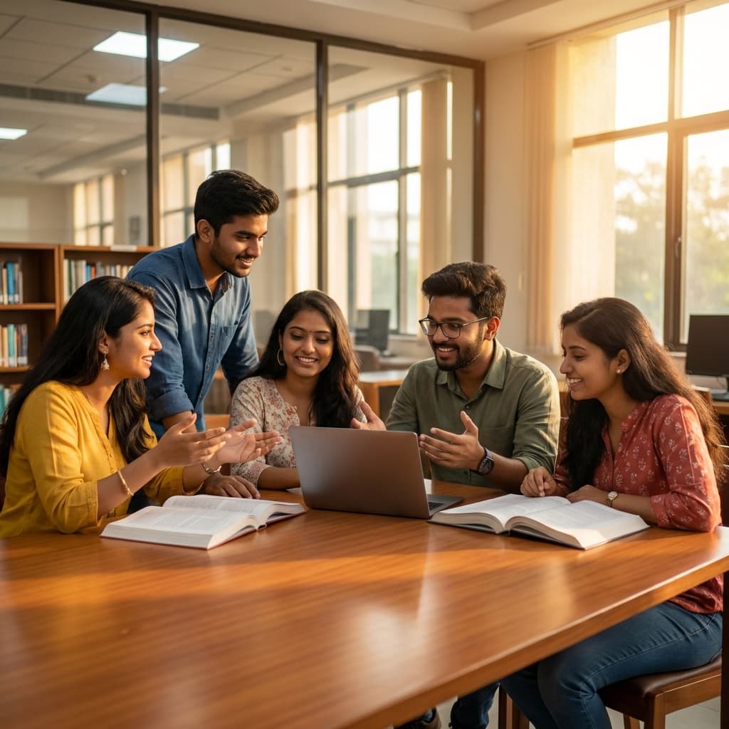 Students discussing in a library